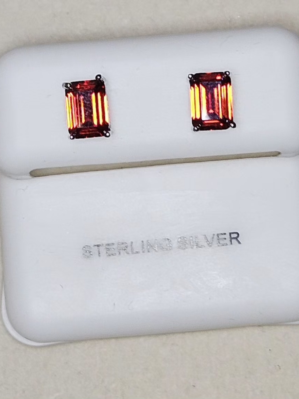 Sterling Silver Red Emerald-Cut Moissanite Garnet Stud Earrings